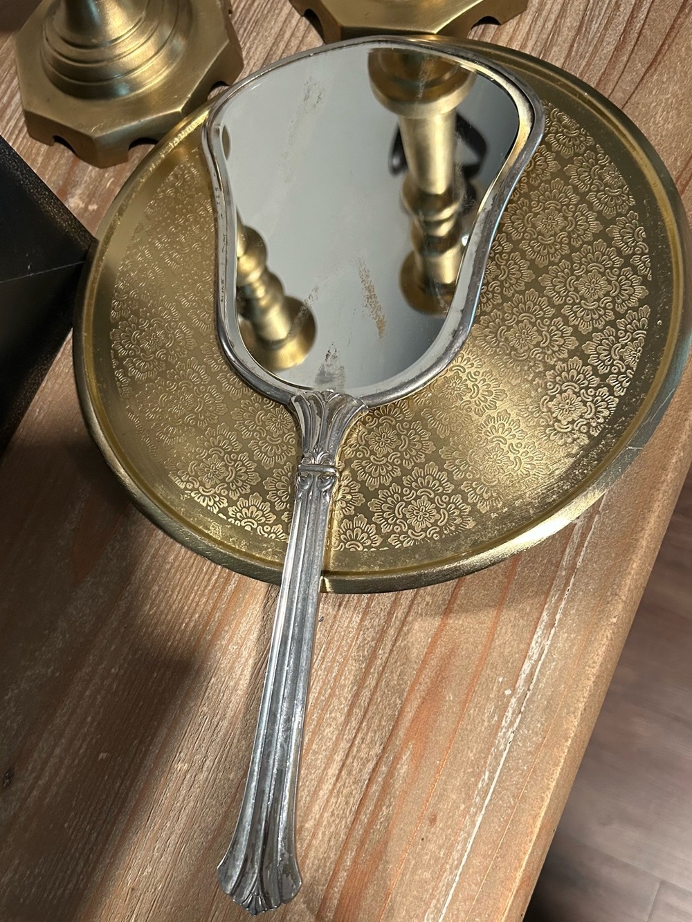 Vintage Silver-Plated Handheld Vanity Mirror, Art Nouveau Ornate Floral Vine